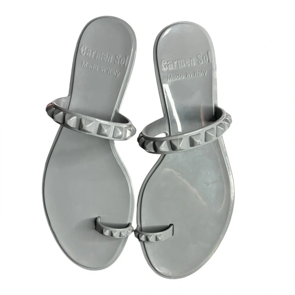 CARMEN SOL Silver Grey Maria Studded Flat Jelly Sandal Size 11